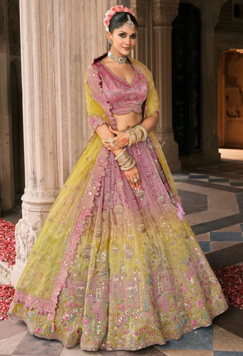 Sunshine Yellow & Pink Fancy Silk Lehenga Choli With Cut Work Embroidery Border & Stone Work